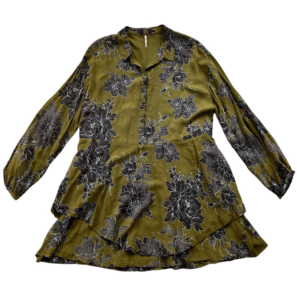 Free People Shake It Tunic Mini Dress Size Small Olive Gray Floral Boho